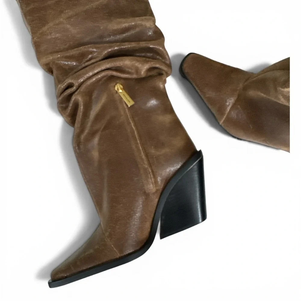Michael Kors Brown Leather Slouchy Tall Boots Snip Toe Wedge Heel Womens 7M‎ NIB